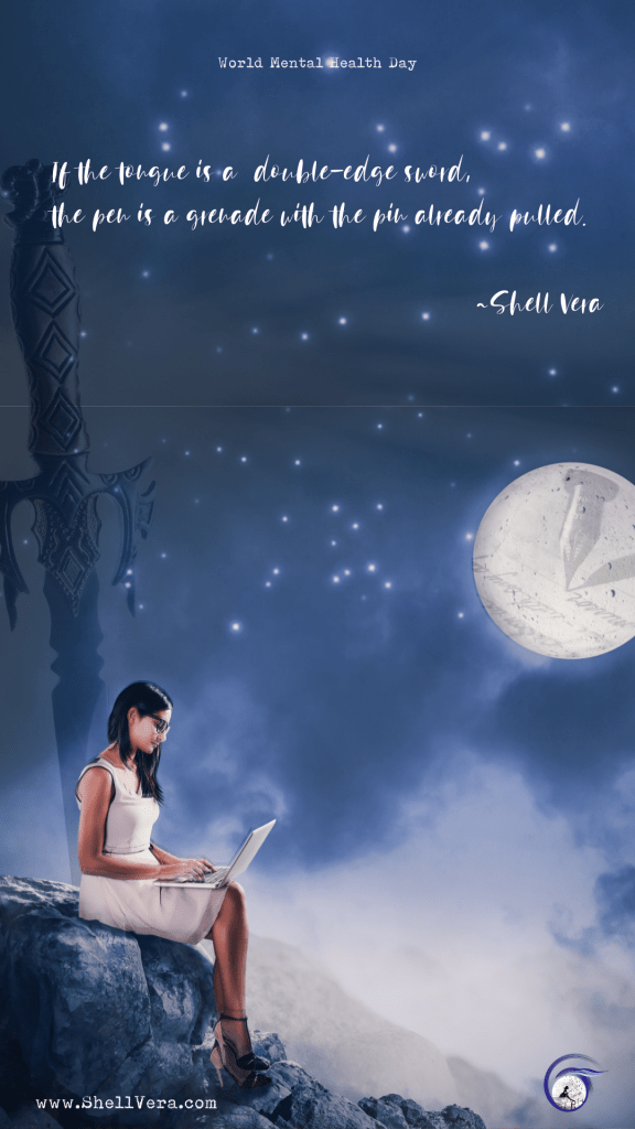 A graphic with the quote "If the tongue is a double-edged sword, the pen is a grenade with a pin already pulled."