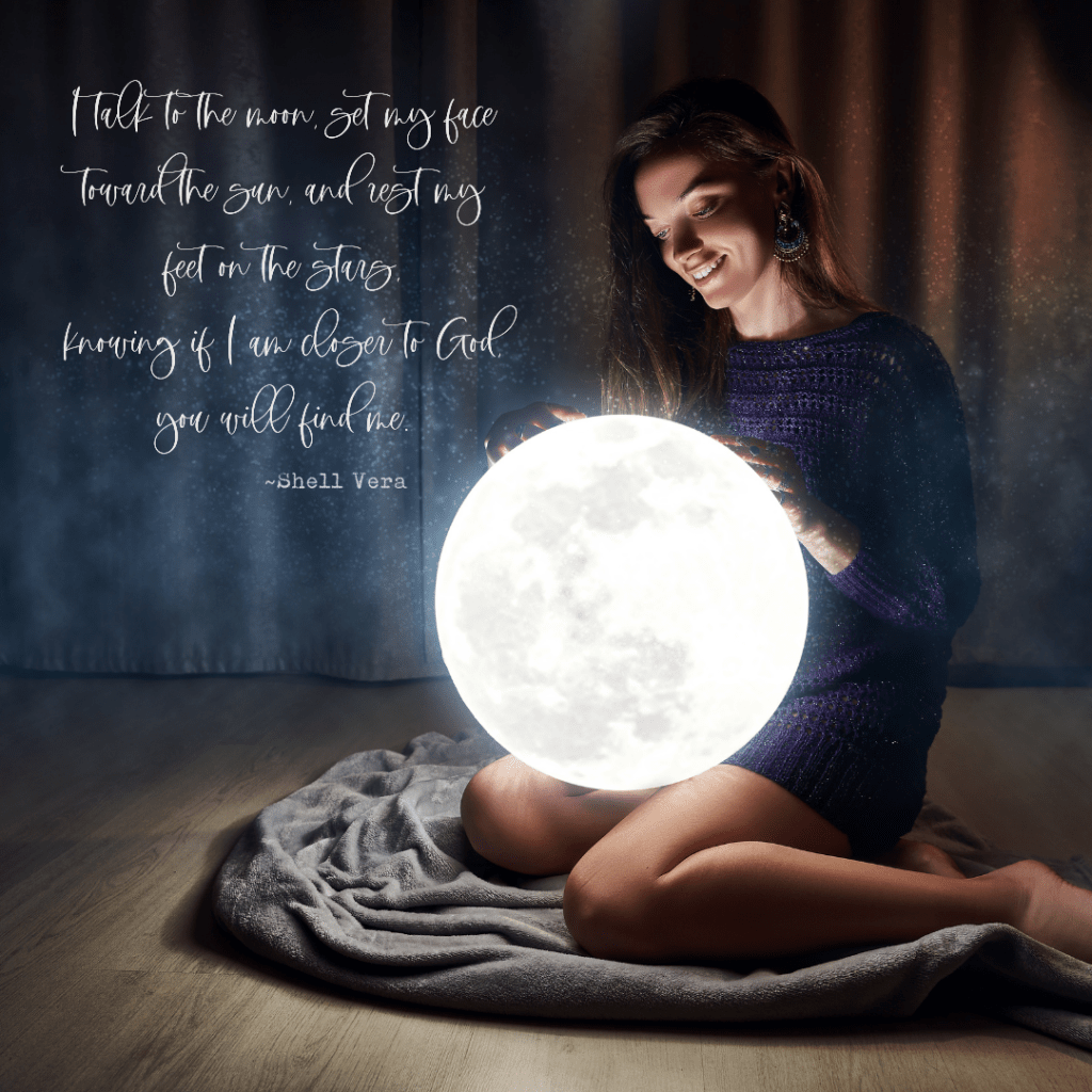 Part of the poem overlaying a picture of a woman looking into the moon.
