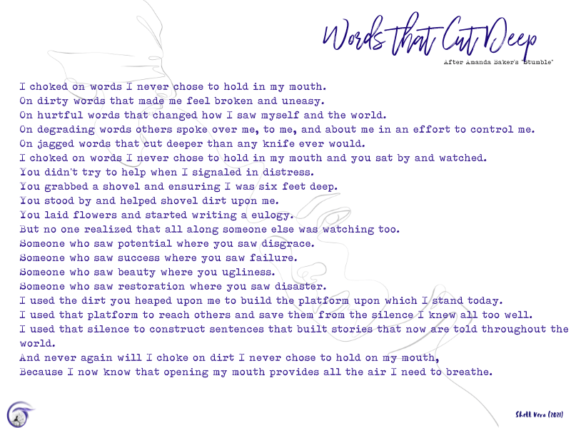 A graphic with the words of a poem over a line drawing of a man yelling at a girl/woman.