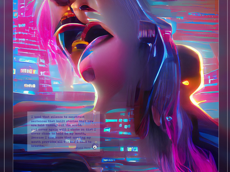 AI generated art by Wombo Dream app.
"I used that silence to construct sentences that built stories that now are told throughout the world.
And never again will I choke on dirt I never chose to hold on my mouth,
Because I now know that opening my mouth provides all the air I need to breathe." (from the poem in the post) overlaying an abstract picture of a woman trying to breathe.