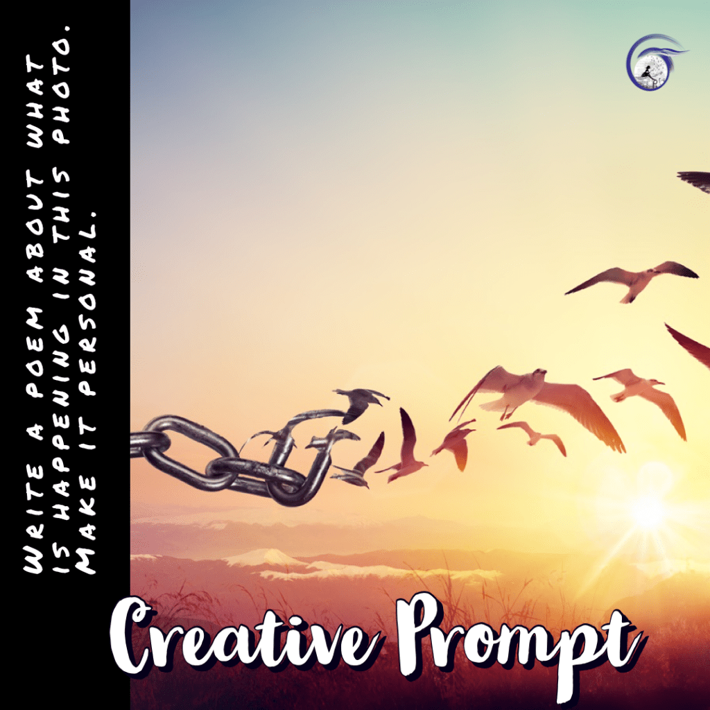 Write a poem about what is happening in the photo. Make it personal. 

The photo has a thick chain morphing into birds flying away with a sunset in the background.