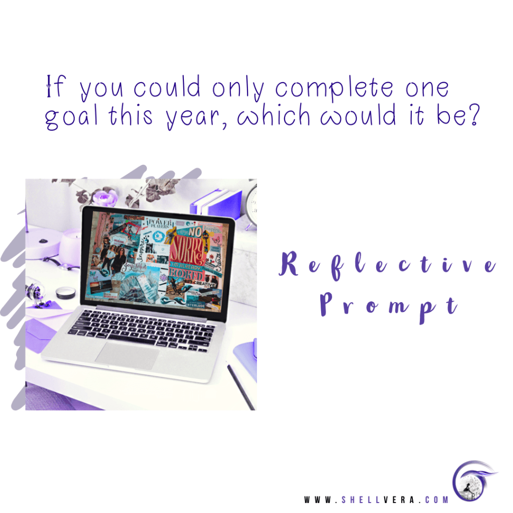 A picture of a computer with a vision board showing on the screen. 

The prompt: If you could only complete one goal this year, which would it be?