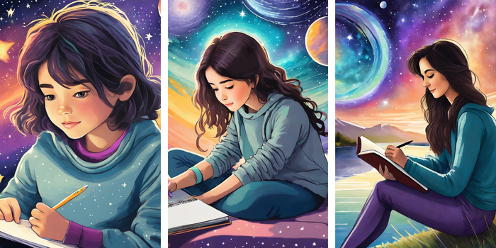 Three girls at different ages writing in notebooks.