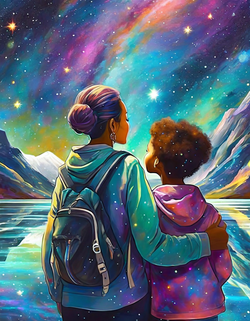 An older woman holding a younger woman close in a side hug. Keeping her safe.